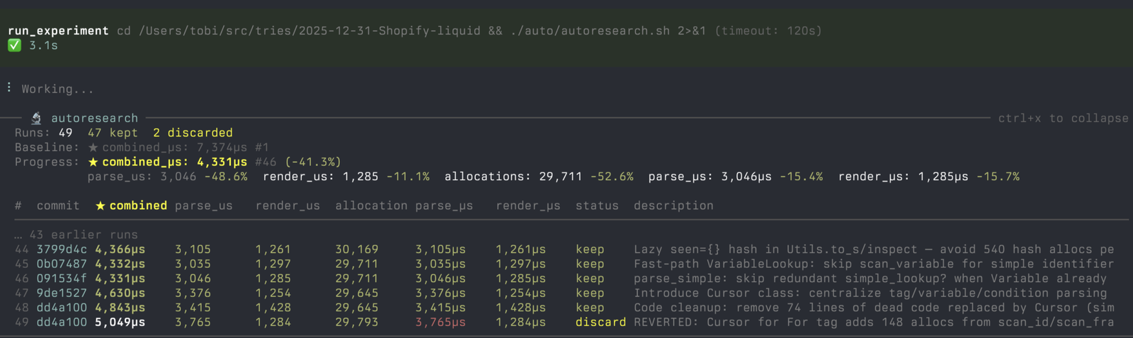 Shopify의 pi-autoresearch GitHub 저장소 스크린숏.